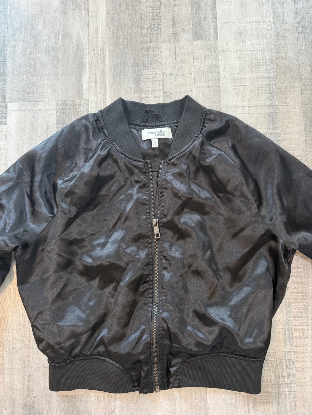 Charlotte Russe Women’s M Black Satin Cropped Bomber Jacket Full Zip Y2K